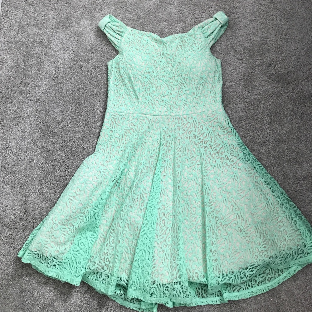 Off shoulder mint lace skater dress