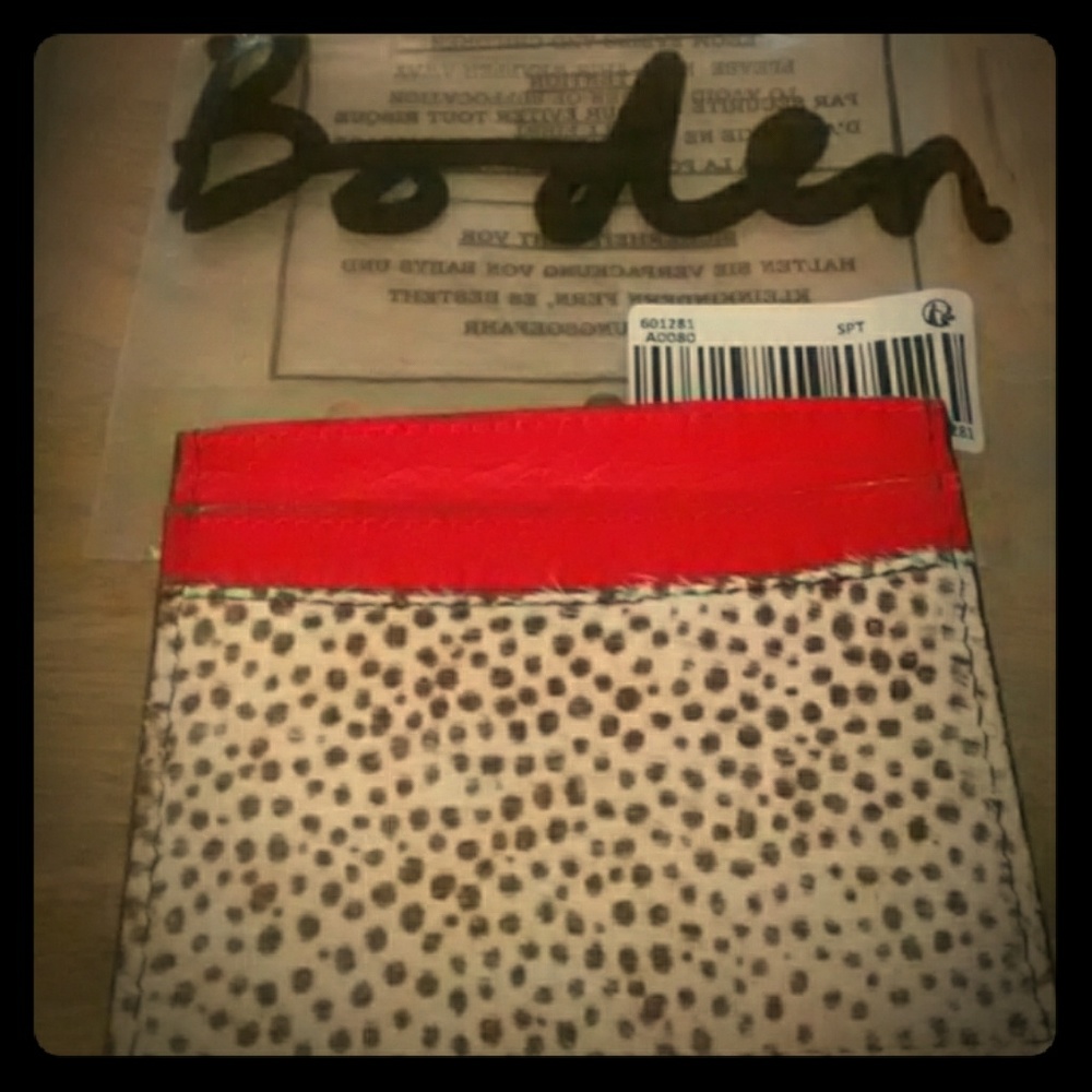 Boden calf hair white mini spot card holder, new