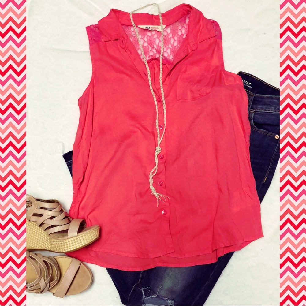 Pink button up tank with lace detail
