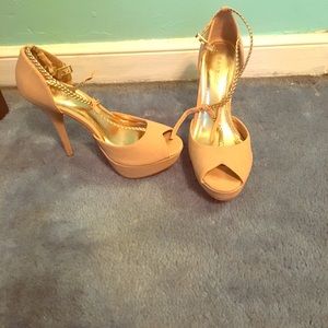 Tan and gold heels