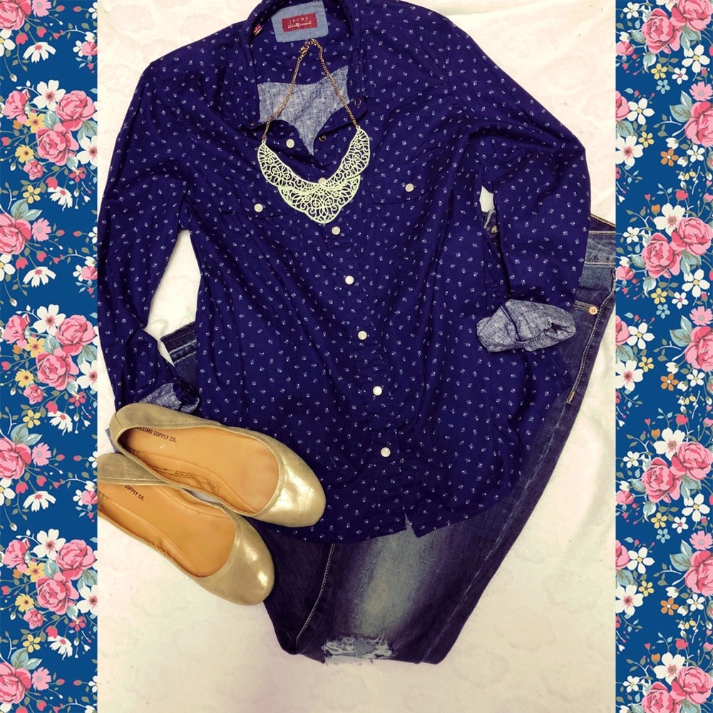 Navy button up with cream detail
