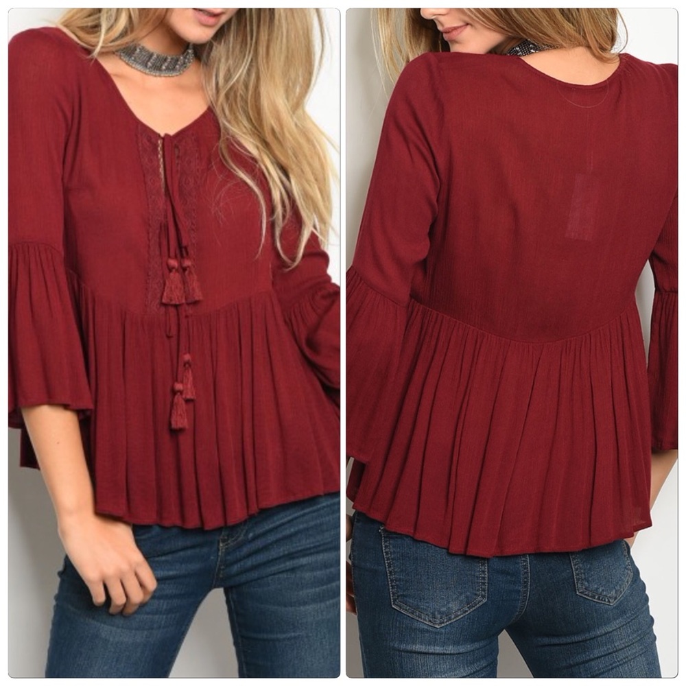 Burgundy lace up neckline and tassel tie