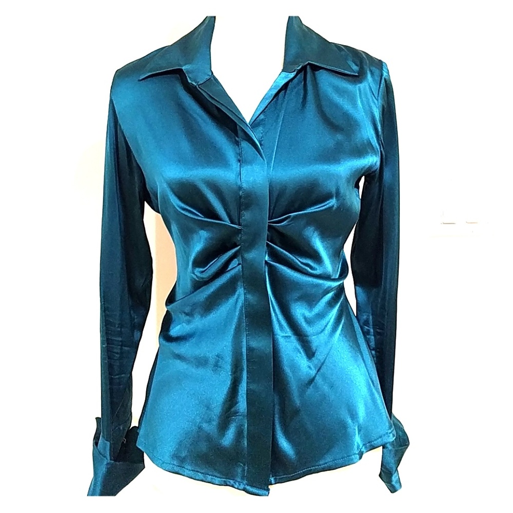 100% Silk Turquoise Rouched Long Sleeve Blouse - Unique Limited Edition - Picture 1 of 8