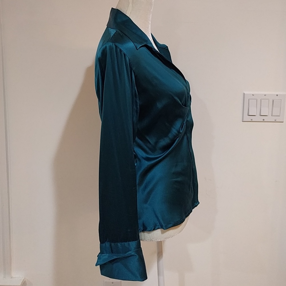 100% Silk Turquoise Rouched Long Sleeve Blouse - Unique Limited Edition - Picture 2 of 8
