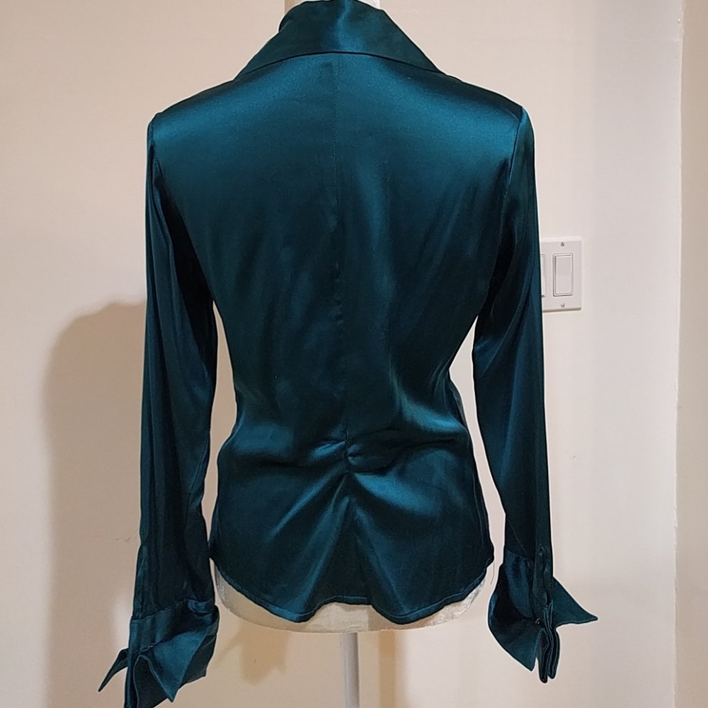 100% Silk Turquoise Rouched Long Sleeve Blouse - Unique Limited Edition - Picture 3 of 8