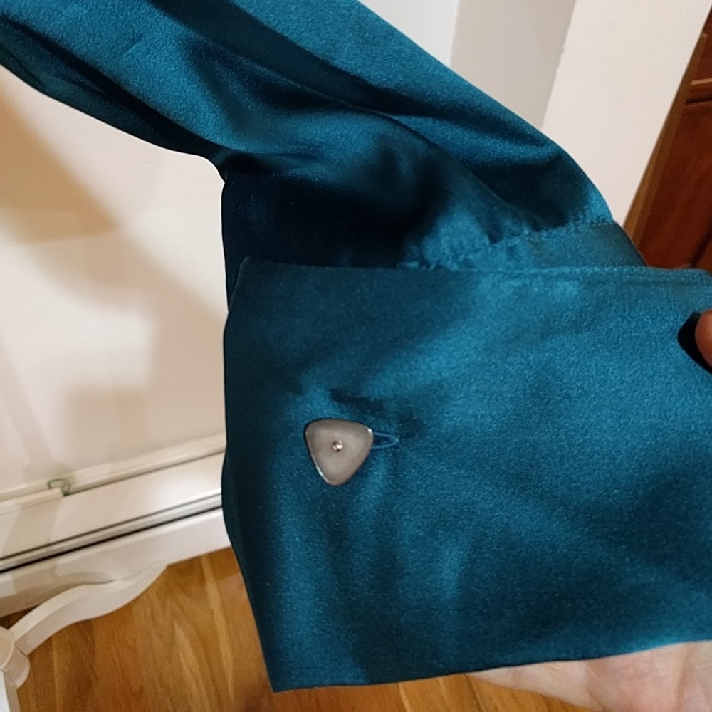100% Silk Turquoise Rouched Long Sleeve Blouse - Unique Limited Edition - Picture 4 of 8