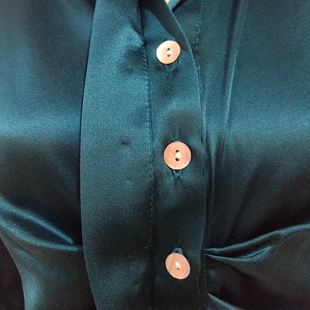 100% Silk Turquoise Rouched Long Sleeve Blouse - Unique Limited Edition - Picture 6 of 8