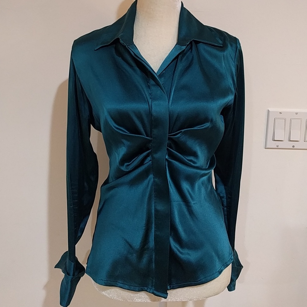 100% Silk Turquoise Rouched Long Sleeve Blouse - Unique Limited Edition - Picture 7 of 8