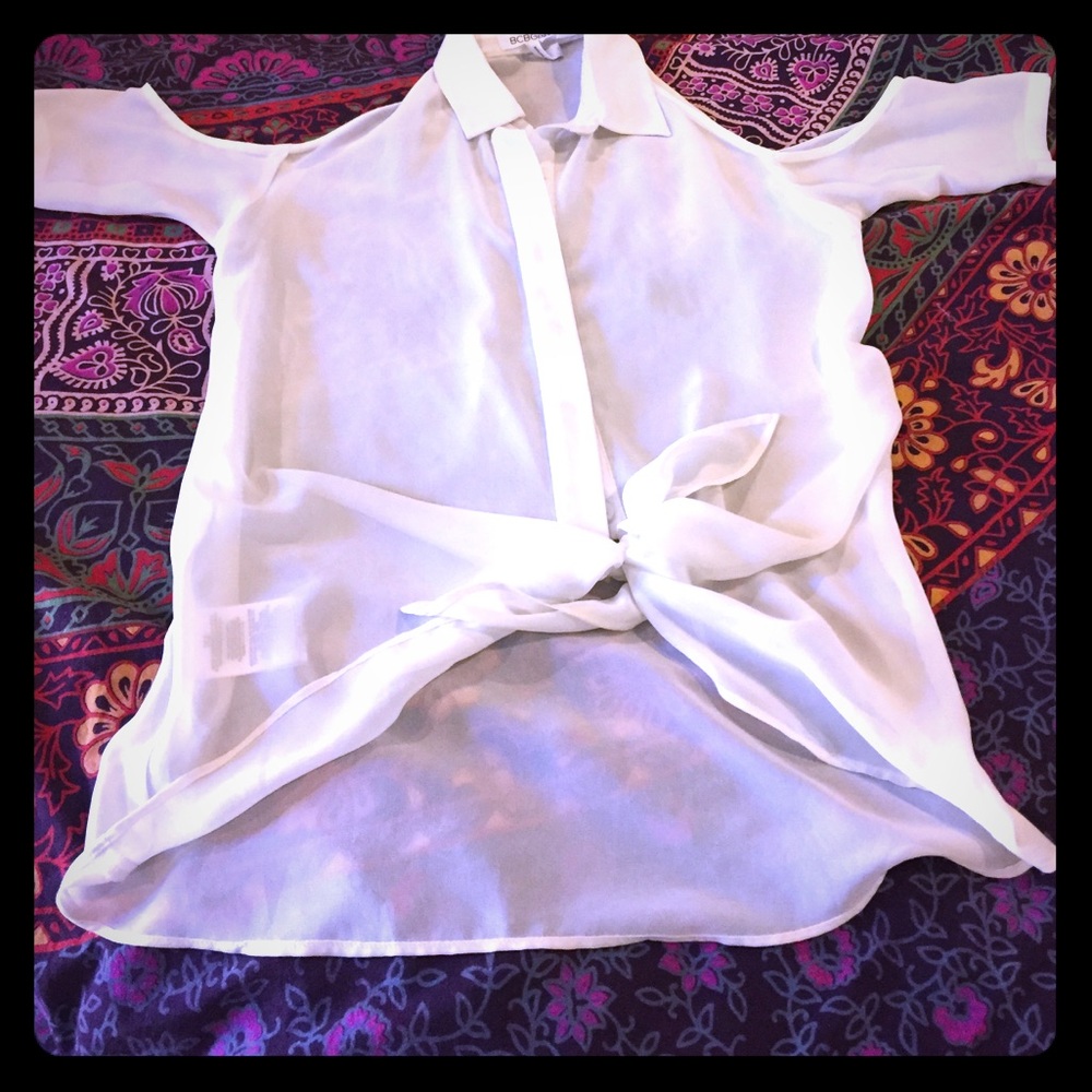 BCBG Sheer cold shoulders cream top