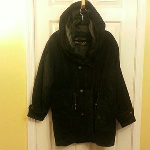 Hooded black suede coat