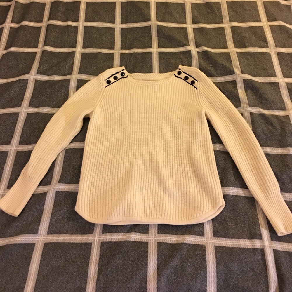 LOFT white sweater with black button decoration
