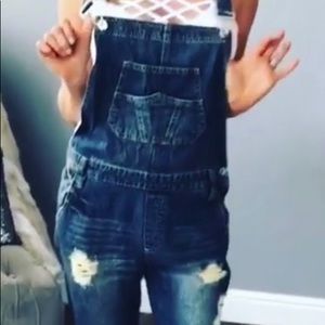 Denim distressed overalls