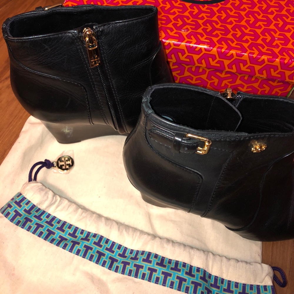 Tory Burch Black Leather Wedge Booties