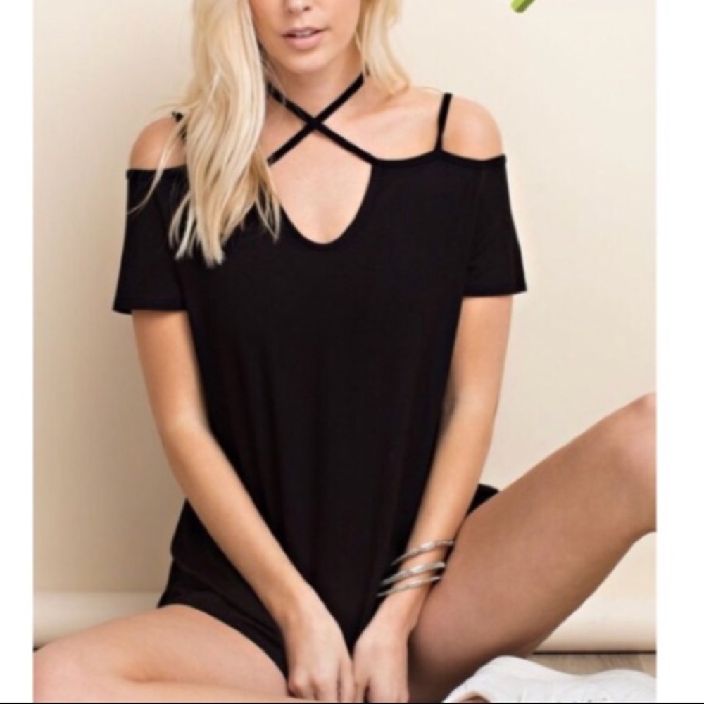 Boho Black Cold Shoulder Halter Tunic