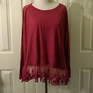 Long Sleeve Red Shirt With Lace Trim