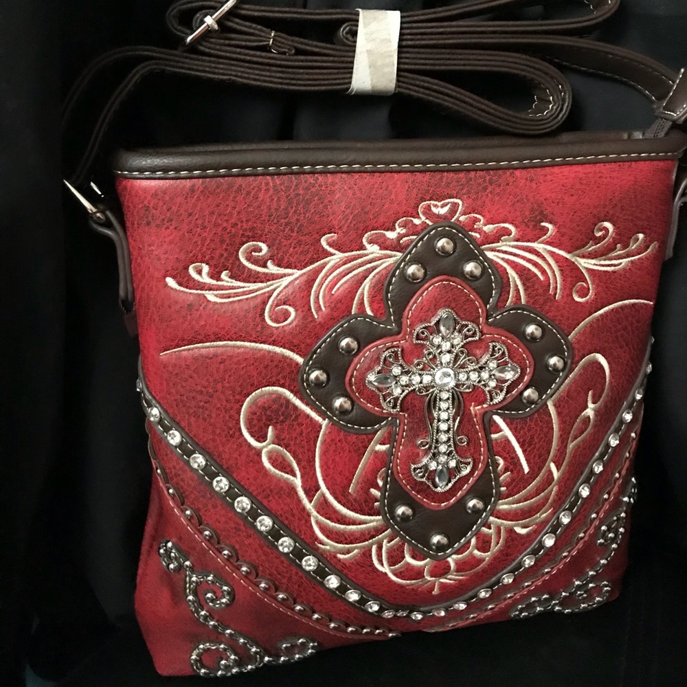 Burgundy Rhinestone Crossbody cross design purse