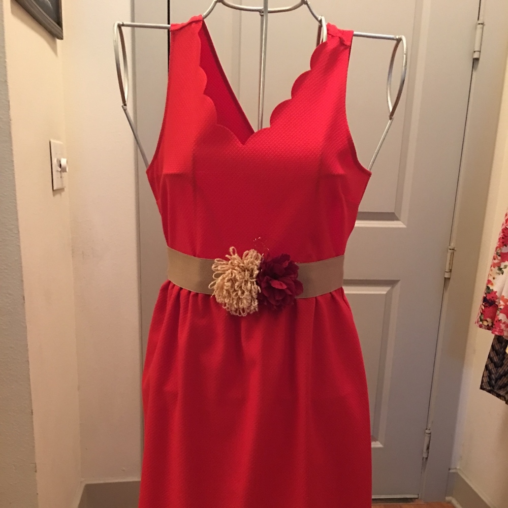 Red Poppie Scalloped Neckline Dress