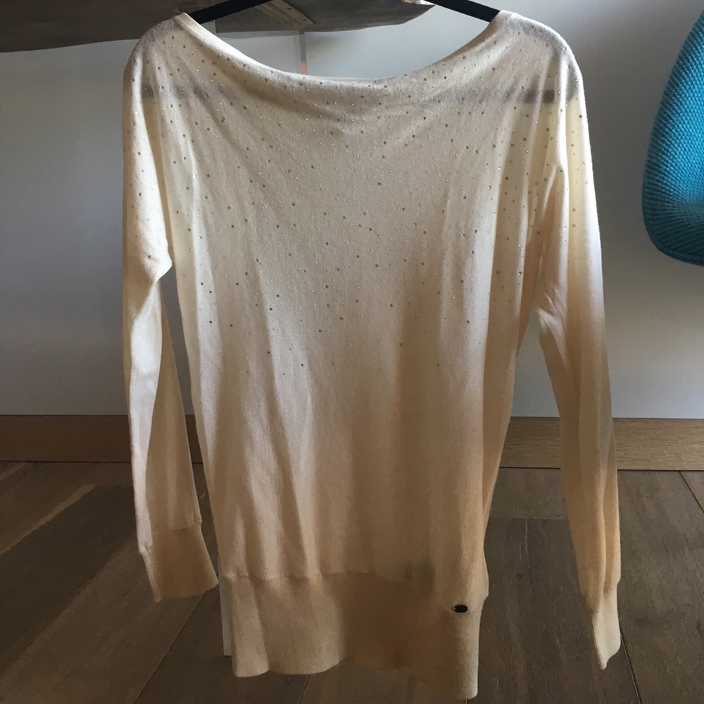 White GUESS sweater S with rhinestone accents