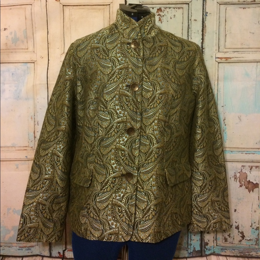 Chico's Size 1 Green Gold Brocade Jacket EUC
