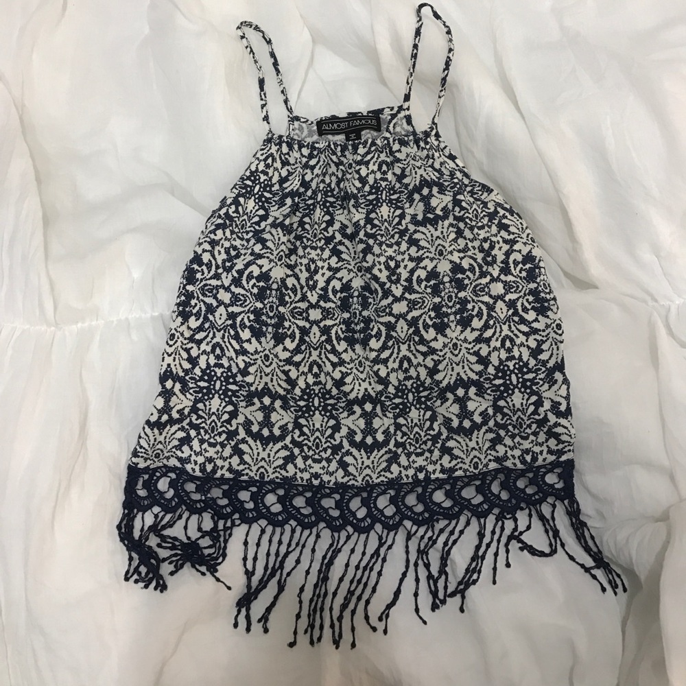 Floral and fringe open back tank