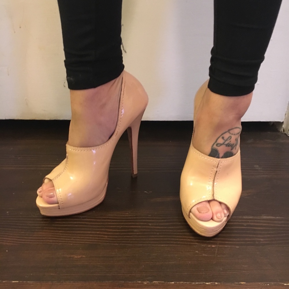 Nude Patent Leather Peep Toe Pumps