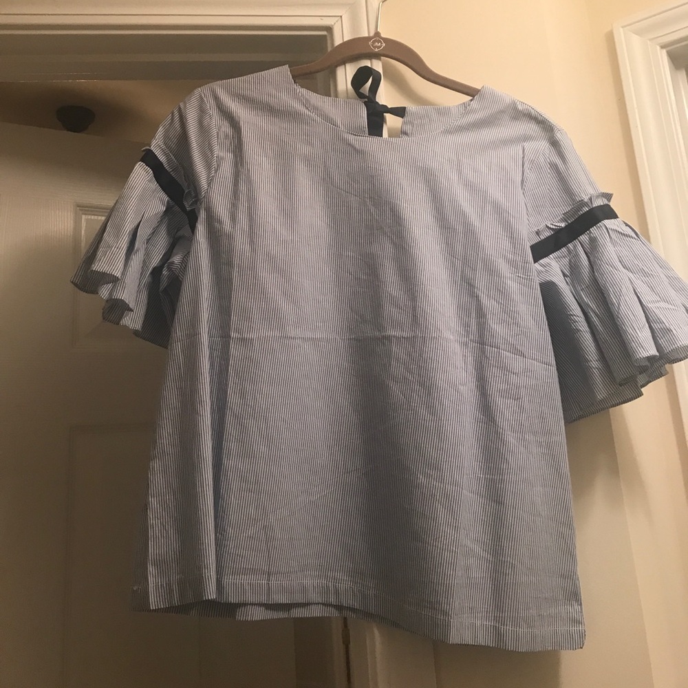 Blue and white stripe top with ruffle sleeves