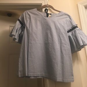 Blue and white stripe top with ruffle sleeves