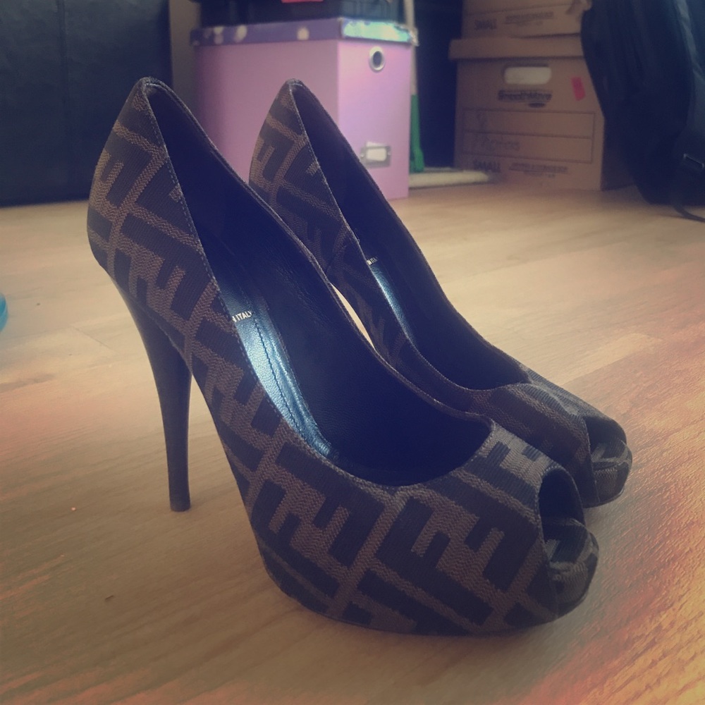 Brown Fendi canvas peep toe heels