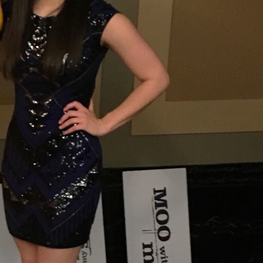 Navy Deco Sequin Cap Sleeve Express Dress