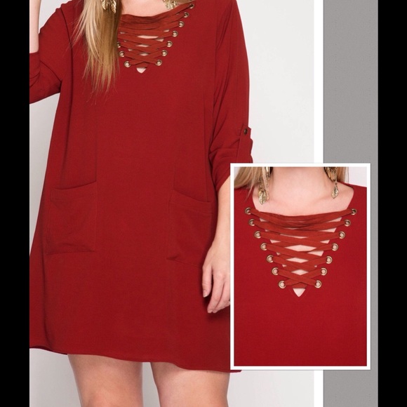 New Plus Size Shift Dress Lace Up V Neck Front - Picture 2 of 5