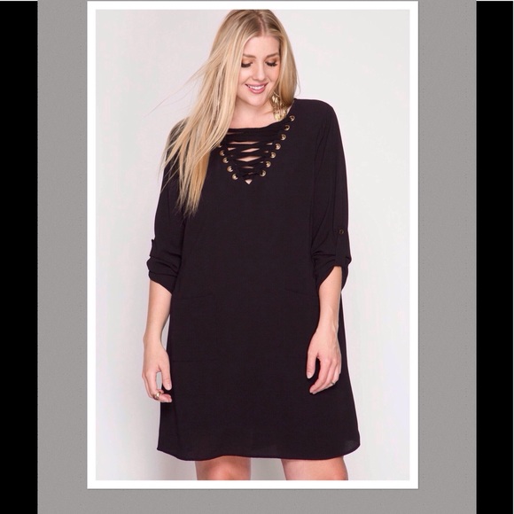 New Plus Size Shift Dress Lace Up V Neck Front - Picture 3 of 5