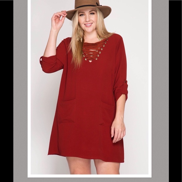 New Plus Size Shift Dress Lace Up V Neck Front - Picture 5 of 5