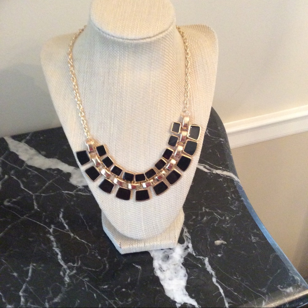 Gold Tone Black Enameled Statement Necklace