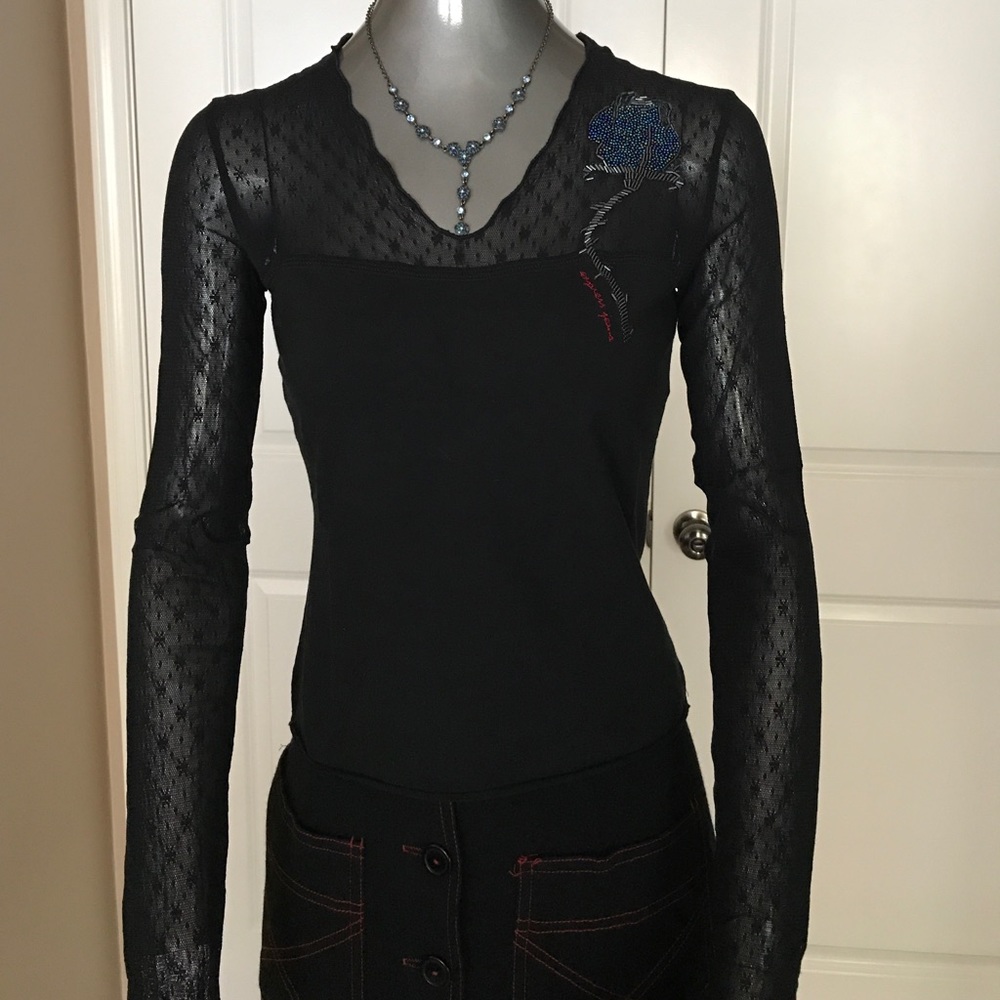 Express Jeans Beaded Sheer Mesh Long Sleeve Top