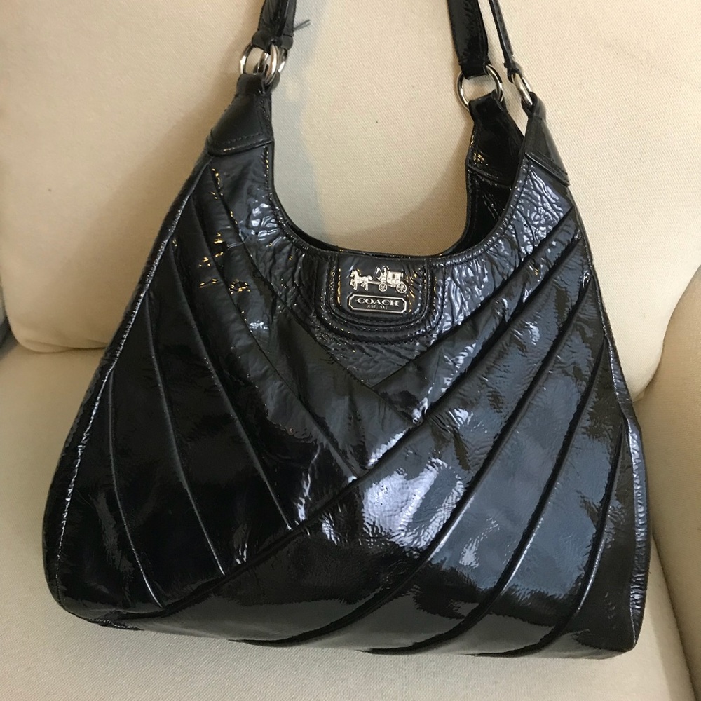 Coach Patent Black Herring Bone Shoulder Handbag