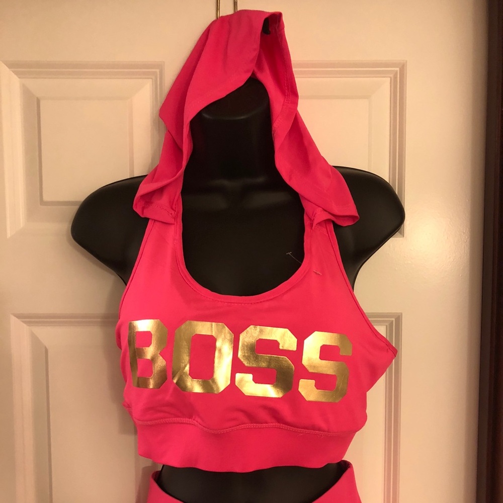 Pink sleeveless crop hoodie with pants