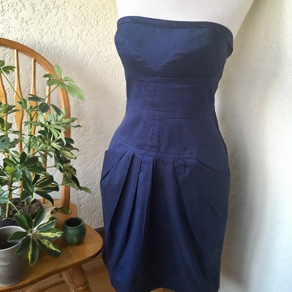 Navy Blue Strapless Pinstripe Dress