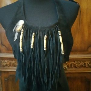 Halter leather/suede bohemian style top w/feather