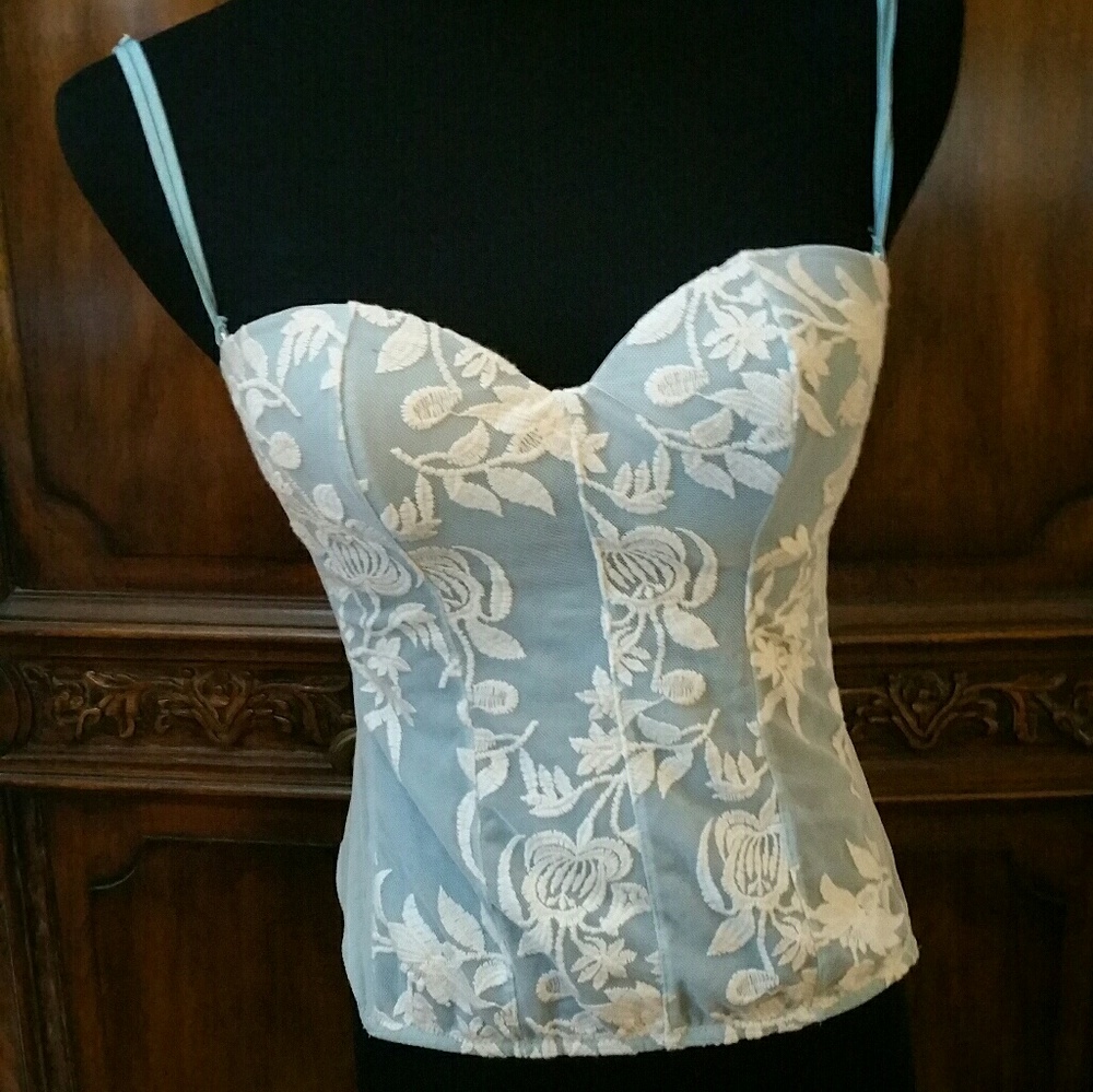 European light blue, lace detail corset. Imported