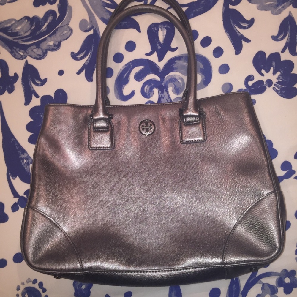 Tory Burch Silver Metallic Saffiano Purse