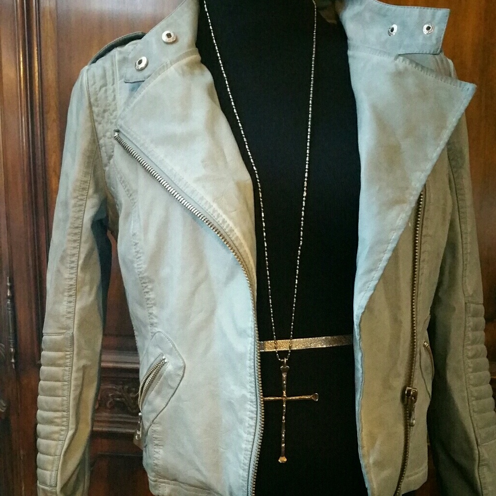Vegan leather teal/light blue motorcycle jacket sm