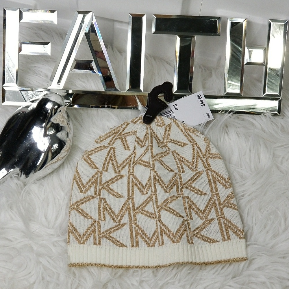 🎉SOLD OUT🎉MICHAEL KORS HAT-BEANIE CREAM-GOLD - Picture 2 of 4