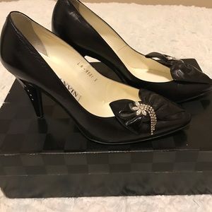 Lanvin Paris black crystal leather heels