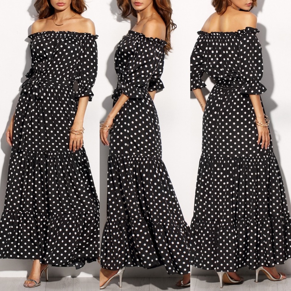 Navy Polka dot tiered ruffle maxi dress