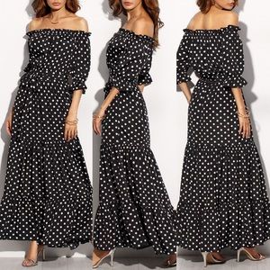 Navy Polka dot tiered ruffle maxi dress