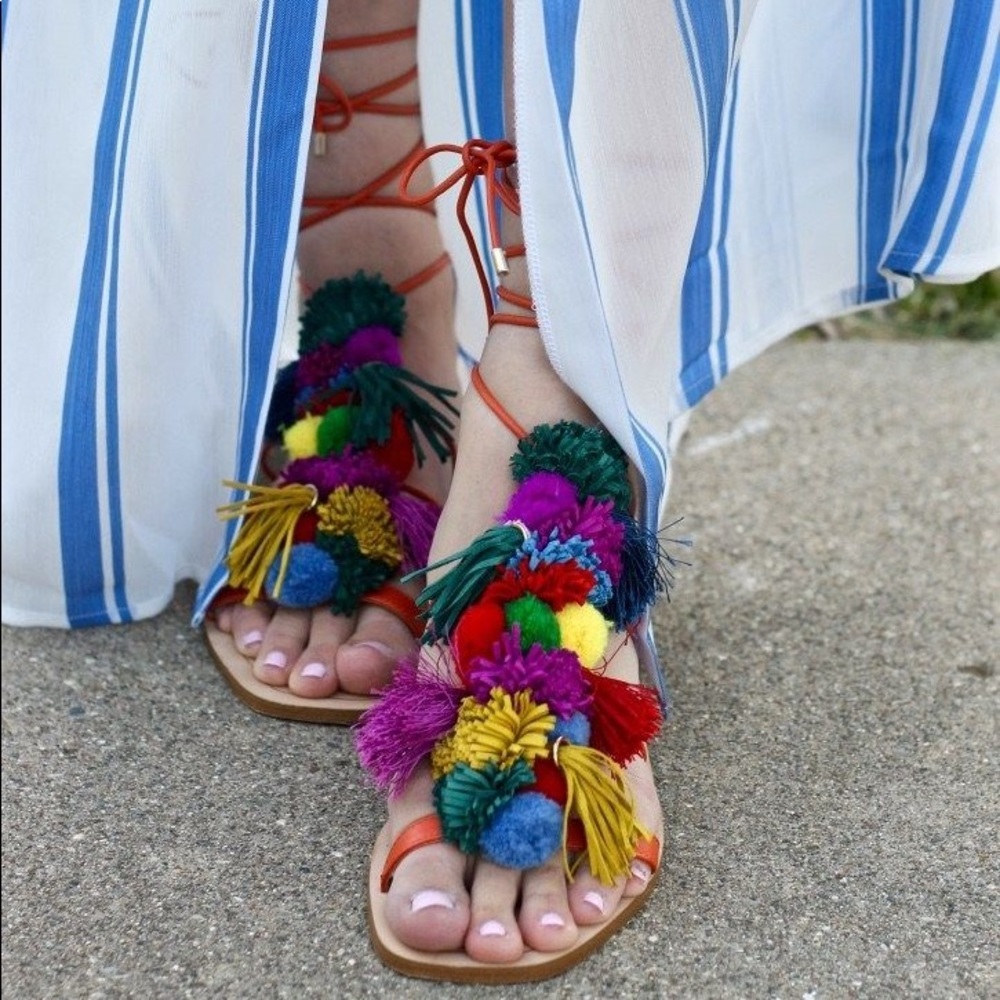 100% Leather Pom Pom Sandals