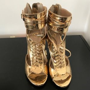 June Ambrose Gold "Harlow" Peep Toe Wedge