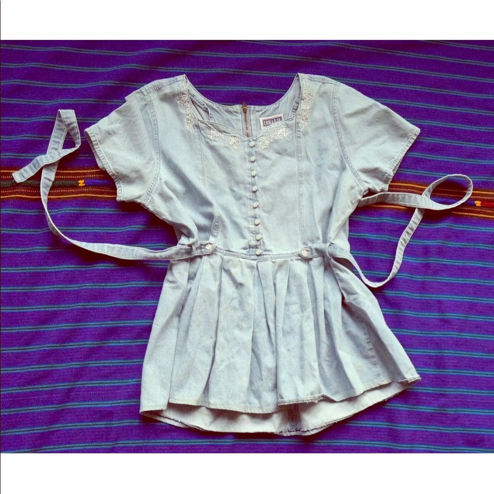 Erika & Co Vintage Denim Embroidered Tie Waist Top