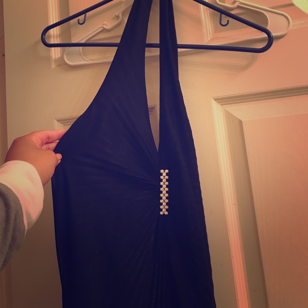 Black with silver reflects halter formal gown