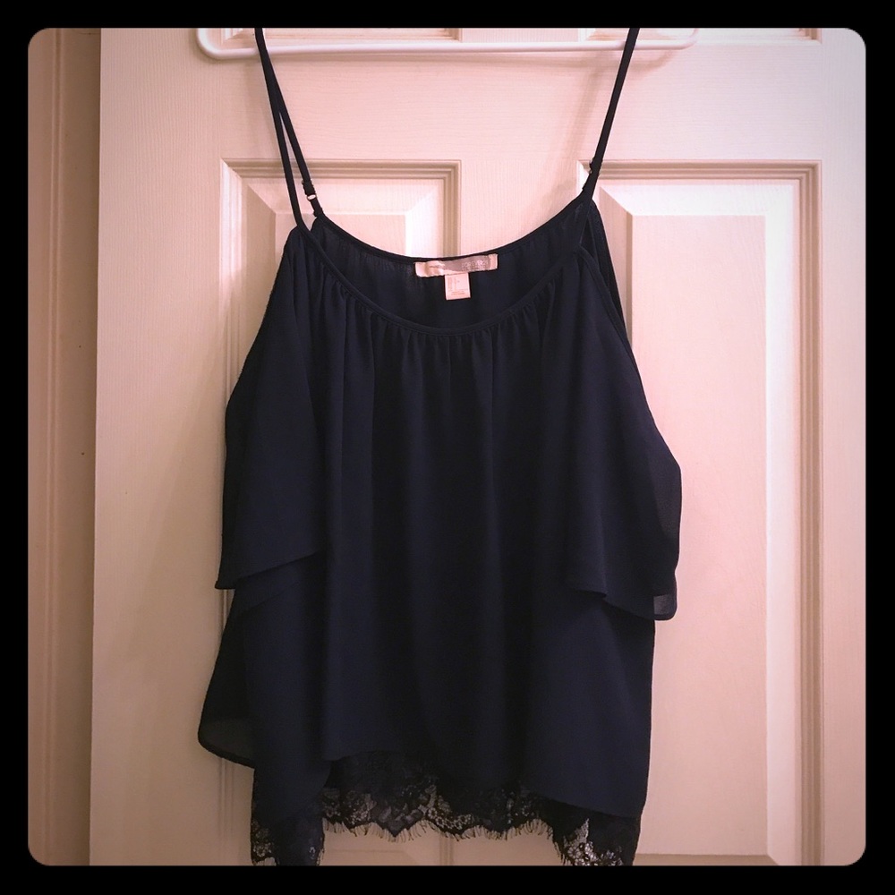 Navy Blue Cold Shoulder Blouse w/ Lace Trim